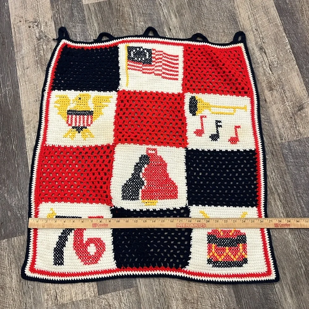 Vintage 1976 Crochet Afghan Patriotic Americana Handmade Blanket